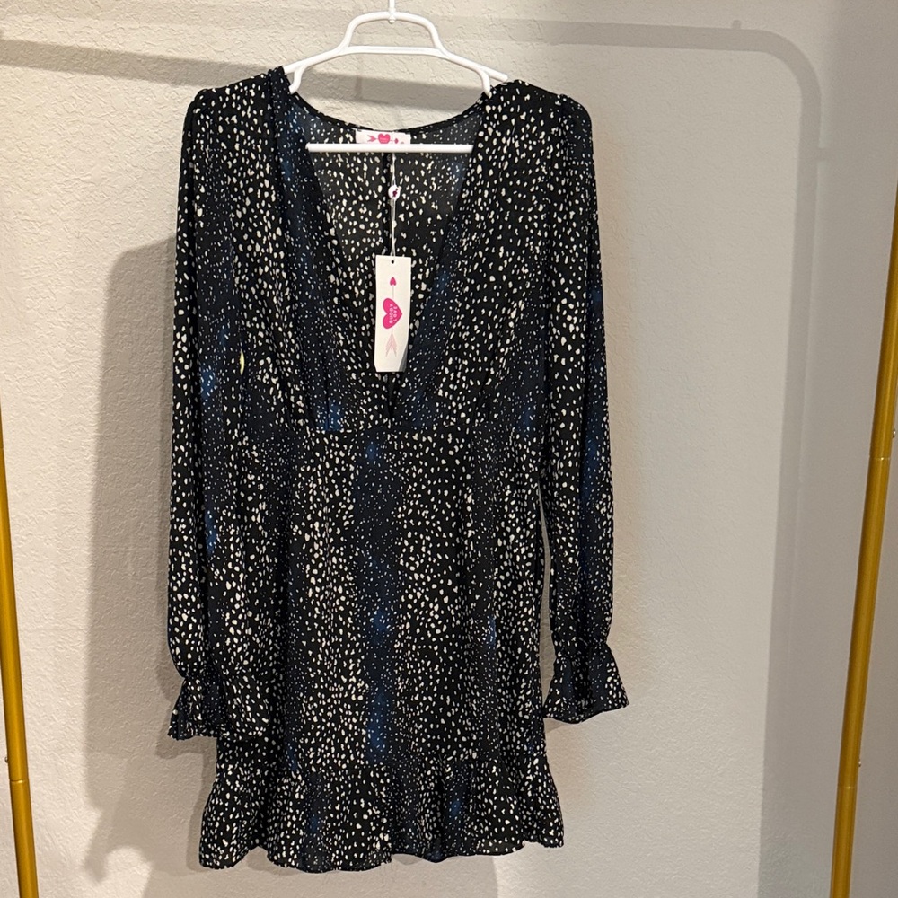 Black and White Polka Dot Dress with blue accents - Medium